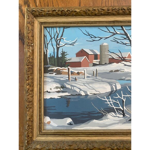 Vintage Paint By Number Winter Farm Landscape Scene In Ornate Gold Frame 20"x15" - Picture 2 of 8